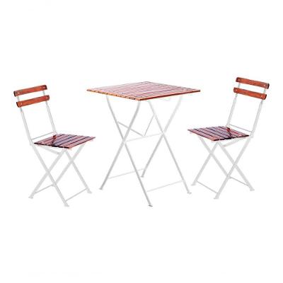 Conjunto Mesa Dobrável 60x60 Cm 2 Cadeiras Ferro E Madeira Maciça Envernizada - Branca