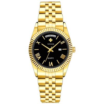 Relógio De Quartzo Masculino Design Casual Em Aço Inoxidavel à Prova D'água 3atm Preto Dourado