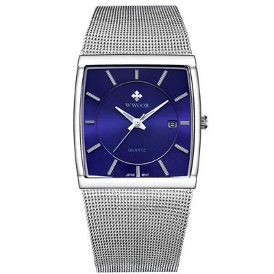 Relógio De Quartzo Masculino Design Quadrado De Malha De Aço Inoxidavel Impermeável Azul Prata