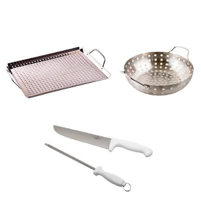 Jogo Para Churrasco Bandeja Wok Faca E Chaira 4 Peças Prana