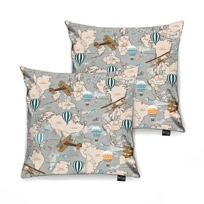 Kit 2 Capas Almofada Tecido Estampado Mapa Mundi D75