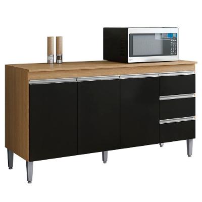 Balcão De Cozinha Com Tampo 160cm 3 Gavetas Andréia Amêndoa Preto