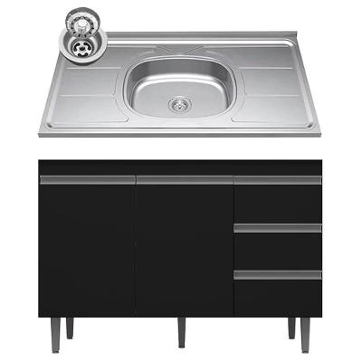 Balcão De Cozinha Com Pia Inox 100cm 3 Gavetas Andréia Preto