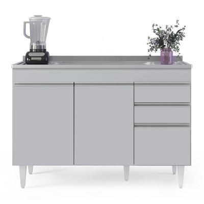 Balcão De Cozinha Com Pia Inox 120cm 3 Portas Michigan Cinza Claro - Lumil