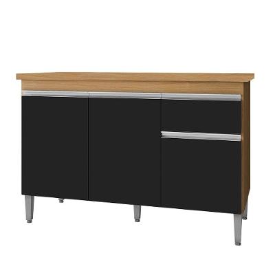 Balcão De Cozinha Com Tampo 120cm 1 Gaveta Tatiane Amêndoa Preto