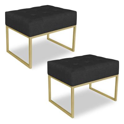 Kit 02 Puffs Lisa Suede Base Metálica Industrial Dourado Preto