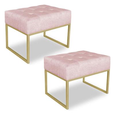 Kit 02 Puffs Lisa Suede Base Metálica Industrial Dourado Rosa Bebê