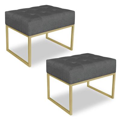 Kit 02 Puffs Lisa Suede Base Metálica Industrial Dourado Grafite
