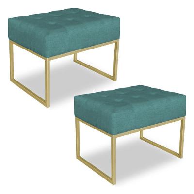 Kit 02 Puffs Lisa Suede Base Metálica Industrial Dourado Azul Turquesa