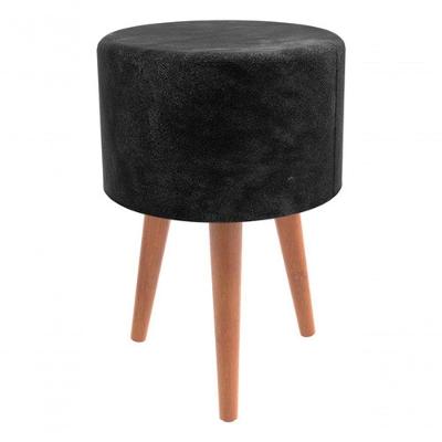 Puff Redondo Veludo Banqueta Pés Madeira Luxo Envio Imediato Preto