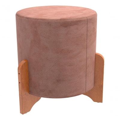 Puff Redondo Rosé Em Linho Pé De Madeira Luxo Thor Decoração Rosa