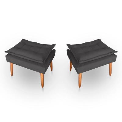 Kit 02 Puff Para Sala E Quarto Madeira Decorativo Opala Suede Cinza