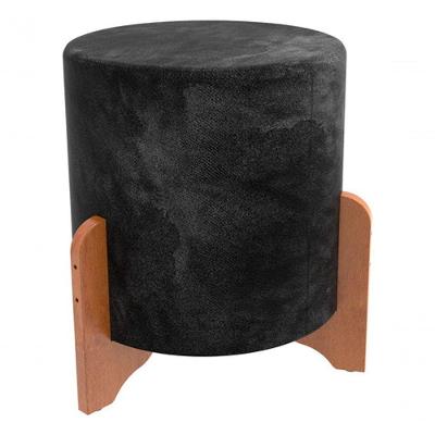Puff Redondo Rosé Em Linho Pé De Madeira Luxo Thor Decoração Preto