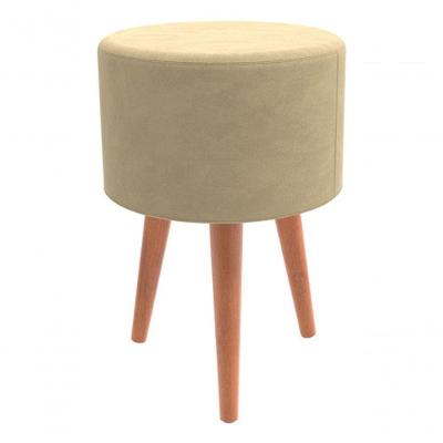 Puff Redondo Veludo Banqueta Pés Madeira Luxo Envio Imediato Bege