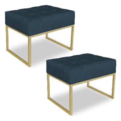 Kit 02 Puffs Lisa Suede Azul Marinho Base Metálica Industrial Dourado