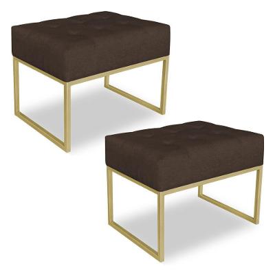 Kit 02 Puffs Lisa Suede Marrom Base Metálica Industrial Dourado
