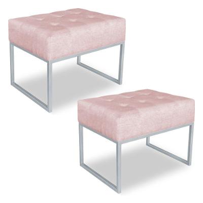 Kit 02 Puffs Lisa Suede Rosa Bebê Base Metálica Industrial Prata