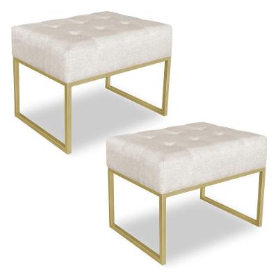 Kit 02 Puffs Lisa Suede Bege Base Metálica Industrial Dourado