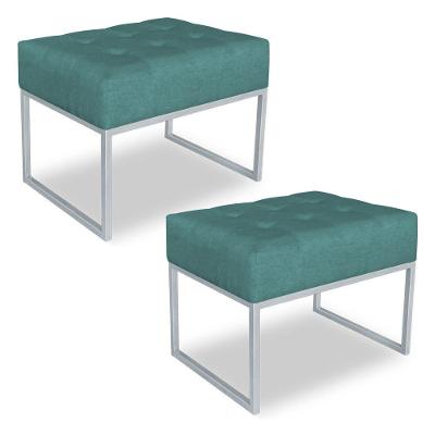 Kit 02 Puffs Lisa Suede Base Metálica Industrial Prata Azul Turquesa