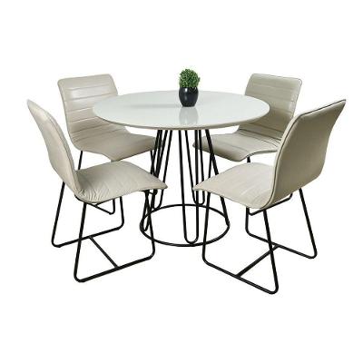 Conjunto Sala De Jantar Rubi Off White Com 4 Cadeiras Cristal Couro Pérola Base Preto