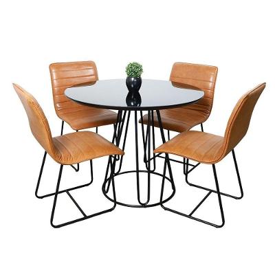 Conjunto Sala De Jantar Rubi Preto Com 4 Cadeiras Cristal Couro Caramelo Base Preto