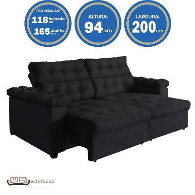 Sofá New Austrália 200cm Retratil Reclinavel Suede Preto