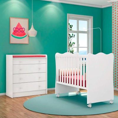 Quarto De Bebê Cômoda 4 Gavetas Doce Sonho E Berço Simples Branco - Qmovi