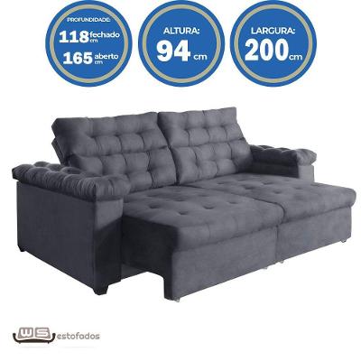 Sofá New Austrália 200cm Retratil Reclinavel Suede Cinza
