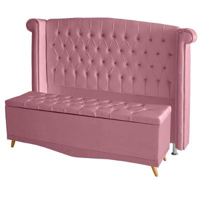 Kit Cabeceira De Cama Box E Calçadeira Baú Luxo Queen 160 Cm Suede Rosa Bebê Eli Móveis