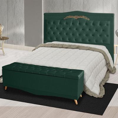 Kit Cabeceira De Cama Box E Calçadeira Baú Helena King 195 Cm Retro Capitonê Suede Verde Eli Móveis