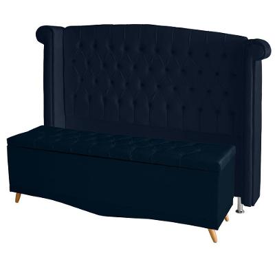 Kit Cabeceira De Cama Box E Calçadeira Baú Luxo Queen 160 Cm Suede Azul Marinho Eli Móveis