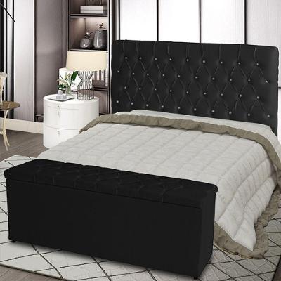 Kit Cabeceira De Cama Box E Calçadeira Baú Paris Casal 140 Cm Capitonê Suede Preto Eli Móveis