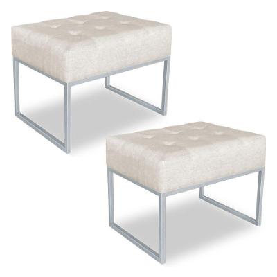 Kit 02 Puffs Lisa Suede Base Metálica Industrial Prata Bege