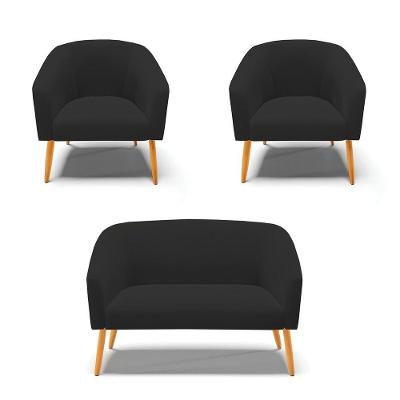 Kit 1 Namoradeira E 02 Poltronas Preto Pés Palito Castanho