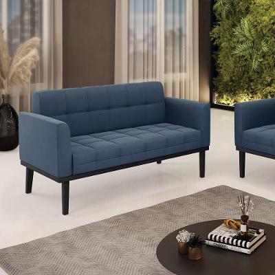Poltrona Namoradeira Decorativa Pés Fixo Em Madeira Preto Suede Azul Marinho