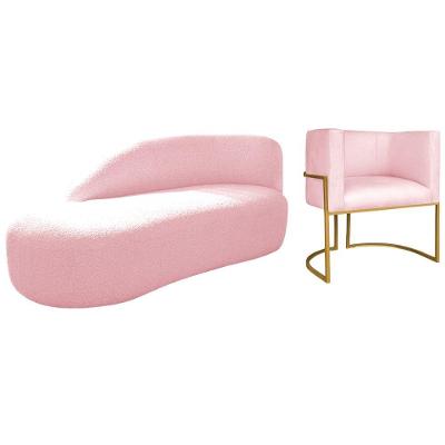 Kit Divã Luna 140cm Lado Esquerdo E 01 Poltrona Base De Ferro Dourado Suede Cor Rosa Bebê