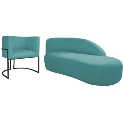 Kit Divã Luna 140cm Lado Direito E 01 Poltrona Base De Ferro Preto Suede Cor Azul Turquesa