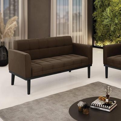 Poltrona Namoradeira Decorativa Pés Fixo Em Madeira Preto Suede Marrom 19