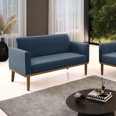 Poltrona Namoradeira Decorativa Pés Fixo Em Madeira Castanho Suede Azul Marinho