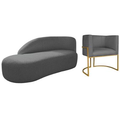 Kit Divã Luna 140cm Lado Esquerdo E 01 Poltrona Base De Ferro Dourado Linho Cor Cinza Escuro