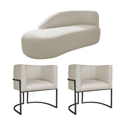 Kit Divã Luna 185cm Lado Esquerdo E 02 Poltronas Base De Ferro Preto Bouclé Bege