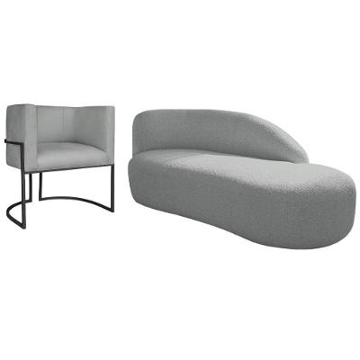 Kit Divã Luna 185cm Lado Direito E 01 Poltrona Base De Ferro Preto Bouclé Cinza
