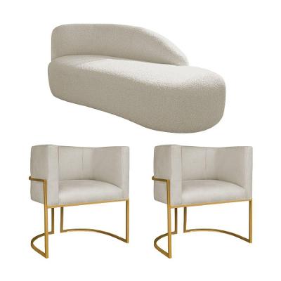 Kit Divã Luna 185cm Lado Direito E 02 Poltronas Base De Ferro Dourado Bouclé Bege