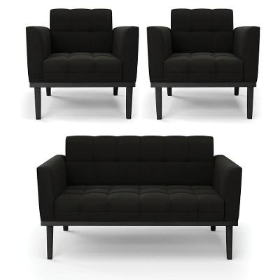 Sofá Namoradeira E 2 Poltronas Base De Madeira Preto Elisa Suede D03 - D'rossi Cor Preto