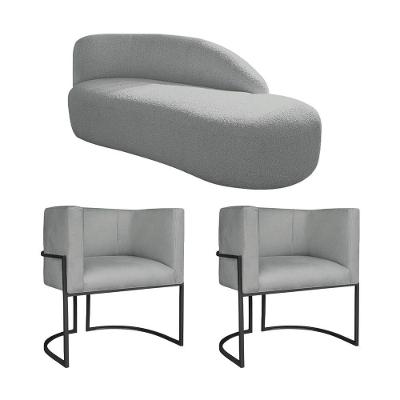 Kit Divã Luna 185cm Lado Direito E 02 Poltronas Base De Ferro Preto Bouclé Cinza