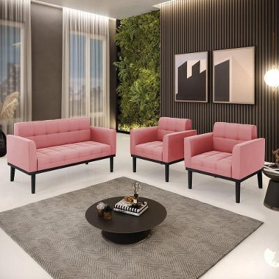 Sofá Namoradeira E 2 Poltronas Base De Madeira Preto Elisa Suede D03 - D'rossi Cor Rose