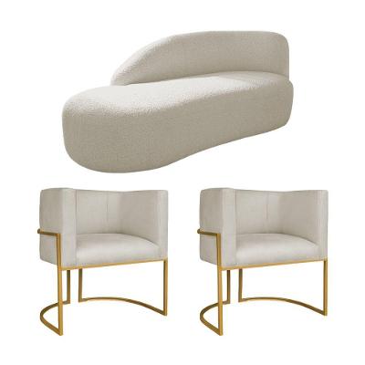 Kit Divã Luna 185cm Lado Esquerdo E 02 Poltronas Base De Ferro Dourado Bouclé Bege