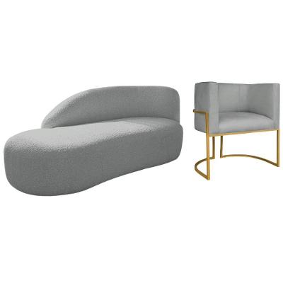 Kit Divã Luna 185cm Lado Esquerdo E 01 Poltrona Base De Ferro Dourado Bouclé Cinza
