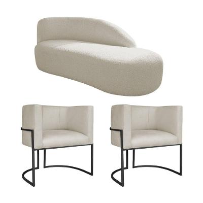 Kit Divã Luna 140cm Lado Direito E 02 Poltronas Base De Ferro Preto Bouclé Bege