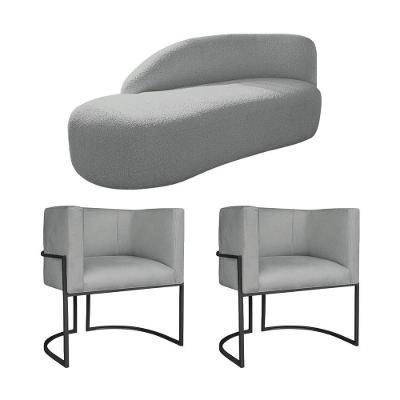 Kit Divã Luna 185cm Lado Esquerdo E 02 Poltronas Base De Ferro Preto Bouclé Cinza